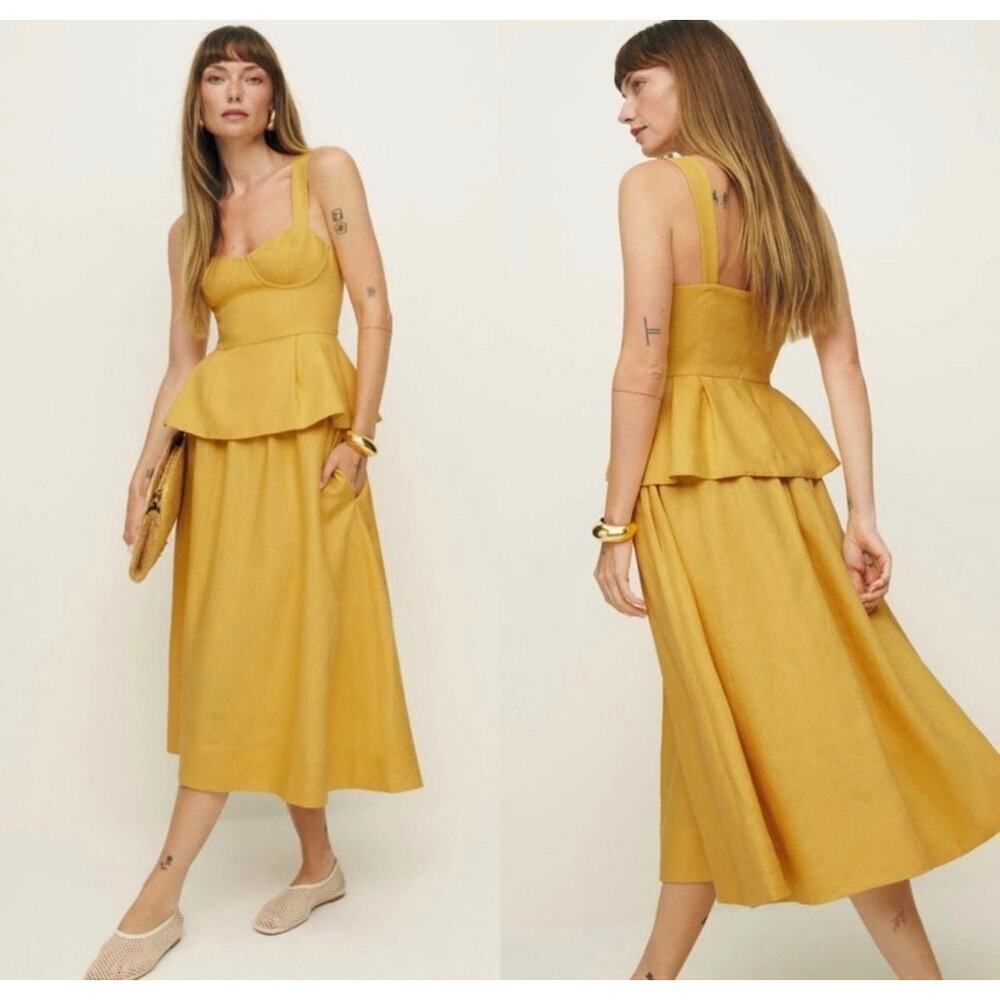 NWT Reformation Misty Linen Two Piece Set Sunflower Peplum Top Midi Skirt Size 0